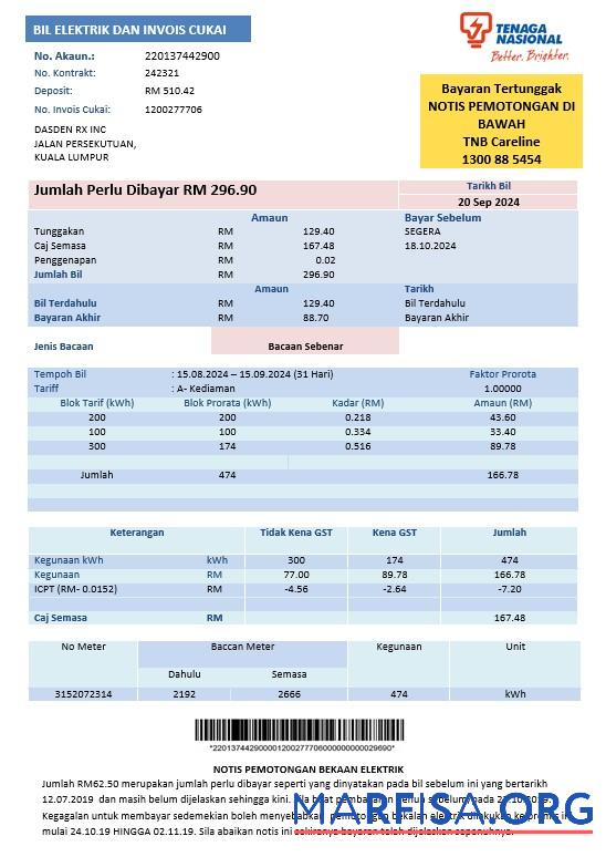 Blank Malaysia Tenaga Nasional electricity business utility bill template in Word and PDF formats
